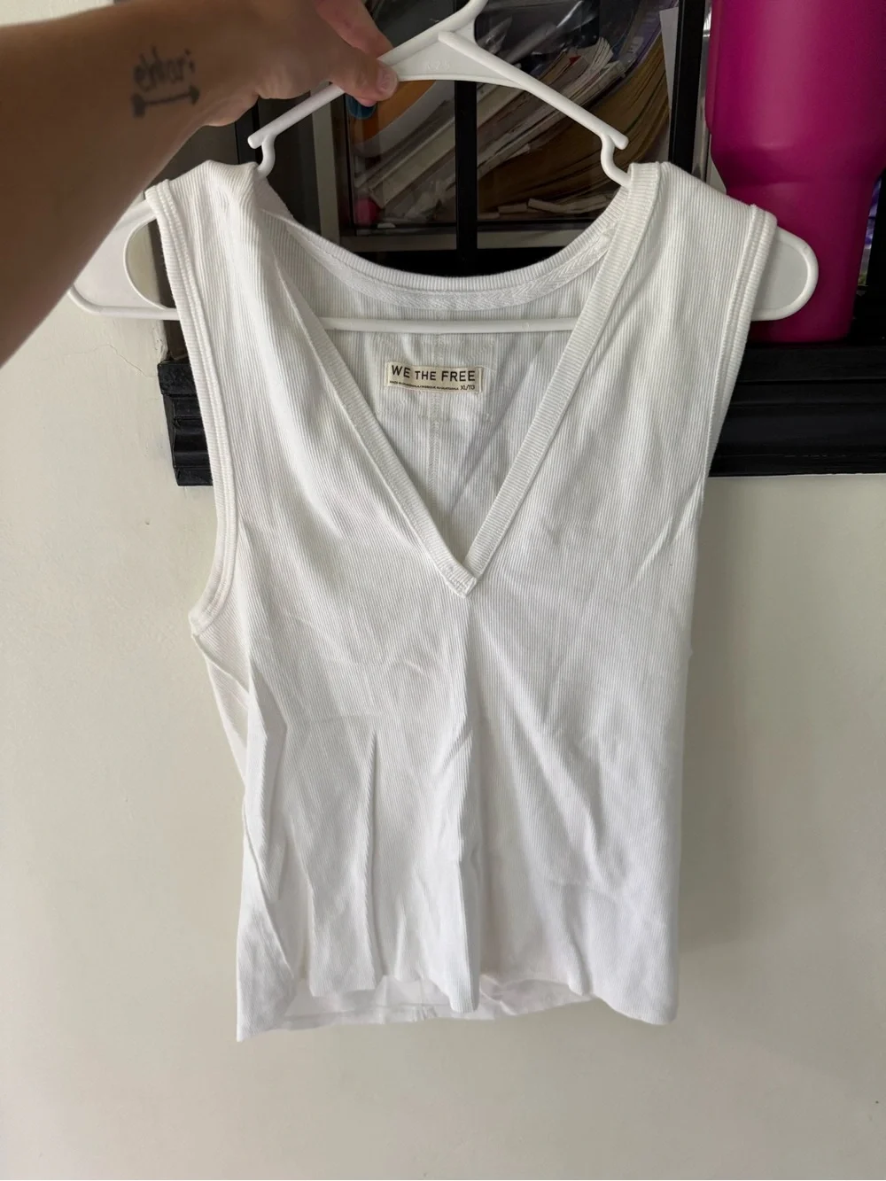 Free People White Ribbed V-Neck Tank